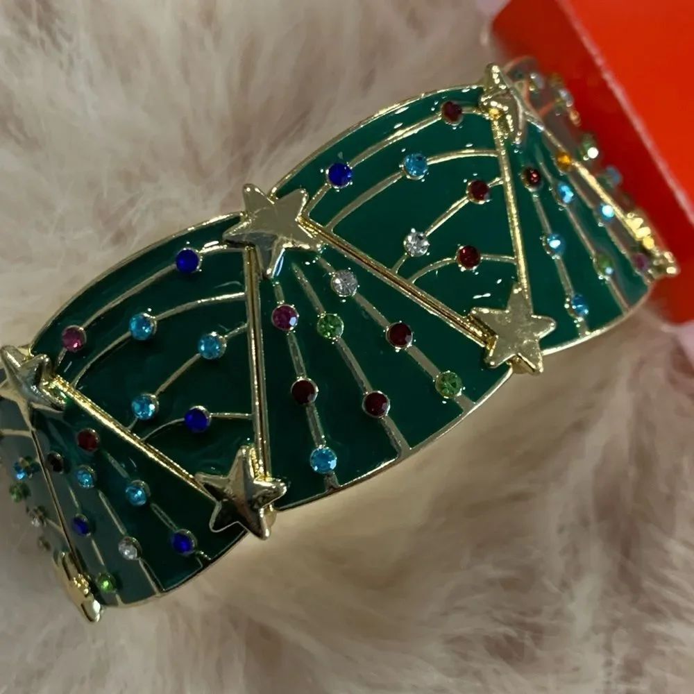 Bracelet Gold and Green Enamel Christmas Tree Star Bracelet with Multicolor Gems